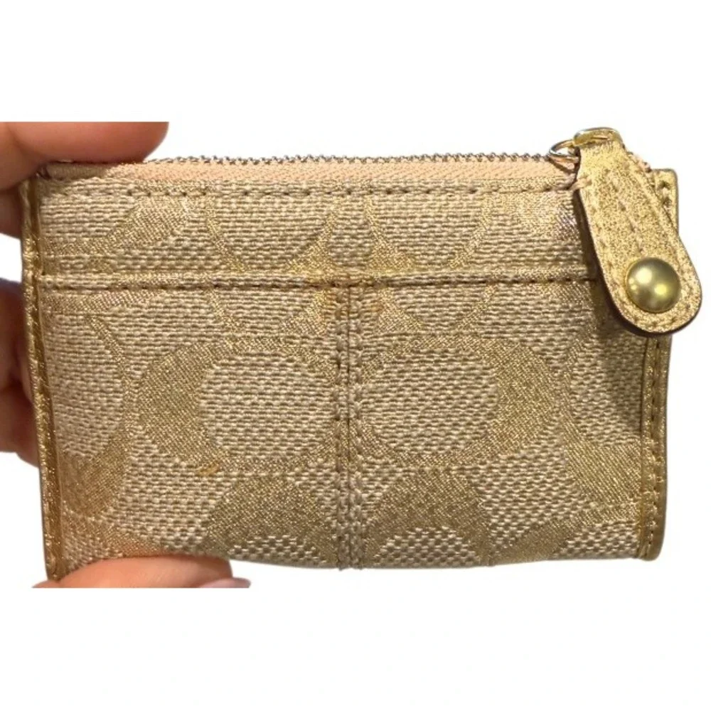Coach Signature Lurex Gold Jacquard Zip Card Case Coin Purse Keychain Wallet